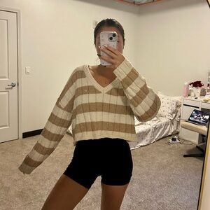 LA Hearts Striped Off-Shoulder Sweater - Cream and Tan